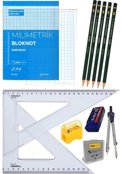 Milimetrik Teknik Çizim Seti 12 Parça 1 Paket Mavi Milimetrik Çizim Defteri Gönye Dereceli Kalem Metal Pergel Silgi Kalemtraş