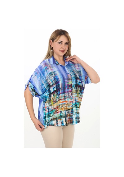 Lady Majestic Yarasa Kol %100 Viskon Rahatlığı Büyük Beden Kadın Renkli Desenli Gömlek Mavi Lady Majestic Yarasa Kol %100 Viskon Rahatlığı Büyük Beden Kadın Renkli Desenli Gömlek Mavi
