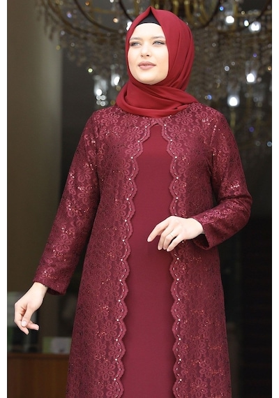 Amine Hüma Papatya Tesettür Abiye Elbise Bordo