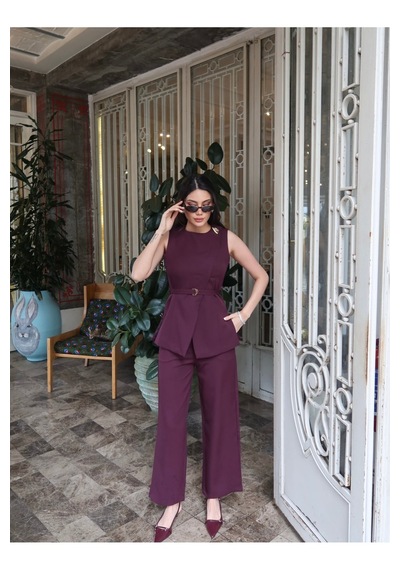 Kechi Woman Double Kumaş Astarlı Yelekli Takım Şık Cool Bordo