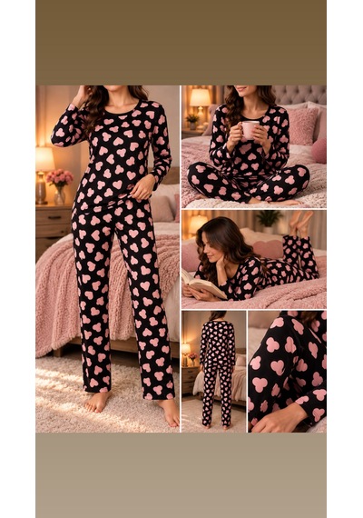 Lila İç Giyim Kadın Pembe Fiyonk Desenli Uzun Kollu Pijama Takımı Siyah Rahat Ev Giyim Seti Siyah - Pembe Lila İç Giyim Kadın Pembe Fiyonk Desenli Uzun Kollu Pijama Takımı Siyah Rahat Ev Giyim Seti Siyah - Pembe