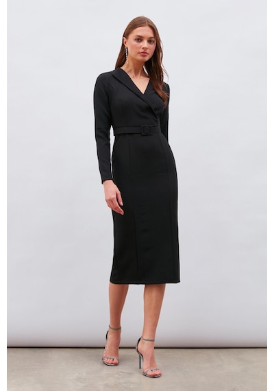 Sateen Kemerli Kalem Elbise - Siyah Sateen Kemerli Kalem Elbise - Siyah