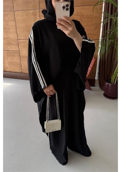 Neşeli Butik Kadın Siyah Şerit Detaylı Oversize Tunik Pantolon İkili Tesettür Takım Nms102