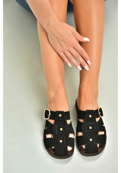 Fox Shoes U458334202 Siyah Süet Önü Kapalı Kadın Terlik Siyah-süet