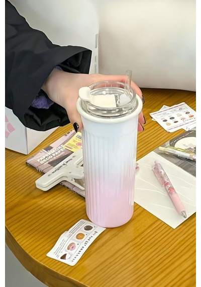 304 L Çelik 0,5 L Pembe Beyaz Degrade Pipetli El Termos Mug Cin913pm Pembe
