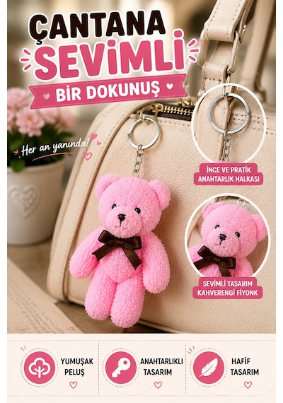 1 Adet Pembe Peluş Ayıcık Anahtarlık 15x8 Cm Çanta Sırt Çantası Anahtar Aksesuarı Sevimli Fiyonklu