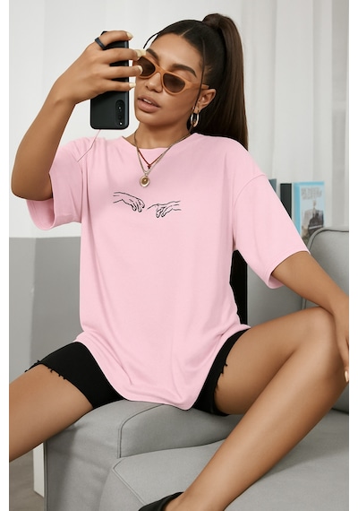 El Baskılı Oversize Beyaz T-shirt Pembe