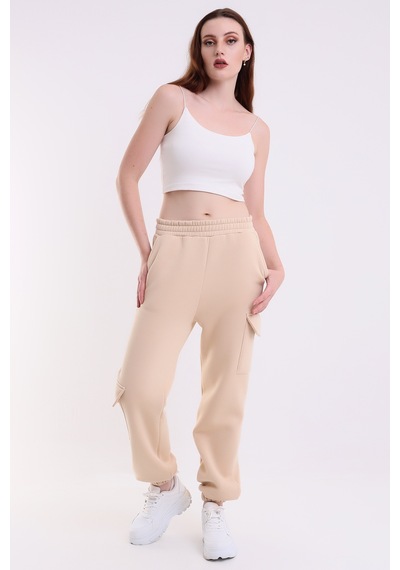 Winmoda34 Kadın Jogger Kalın 3 İplik Yandan Cepli Kargo Eşofman Altı Bejj