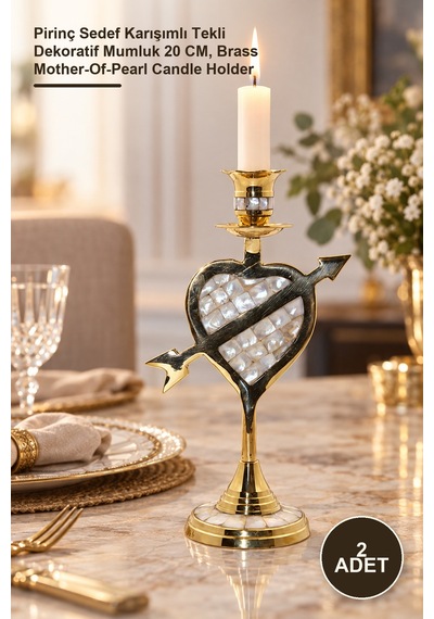 2 Adet Şamdan Pirinç Karışımlı Tekli Dekoratif Mumluk 20 Cm, Brass Mother-of-pearl Candle Holder