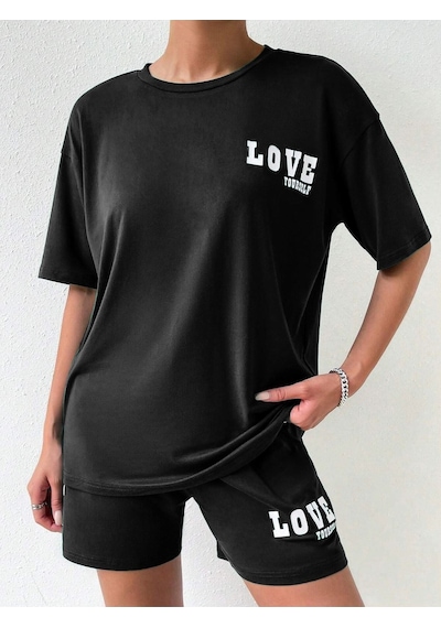 Love Yourself T-shirt Şort - Siyah Alt Üst Kombin Şort Tişört Takım Baskılı Oversize Bisiklet Yaka Siyah Love Yourself T-shirt Şort - Siyah Alt Üst Kombin Şort Tişört Takım Baskılı Oversize Bisiklet Yaka Siyah