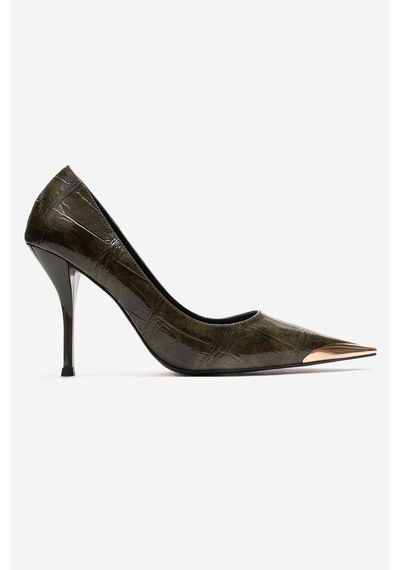 Luvishoes Alvena Yeşil Baskı Önü Metal Detaylı Kadın Topuklu Ayakkabı Yeşil