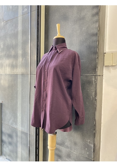 Pera Moda Yakası Taşlı Modal Kumaş Oversize Kadın Gömleği Mürdüm