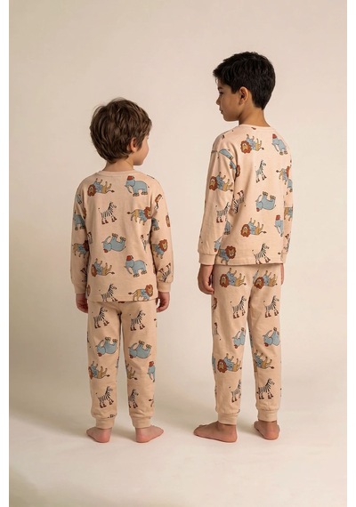Zuzunga Sevimli Animal Aslan-zebra-fil Desenli Erkek Pijama Takımı Bej