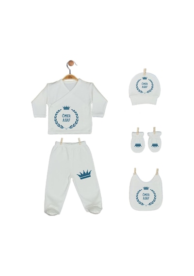 Pia Baby 2008 İsme Özel Taçlı Beşli Zıbın Set Mavi