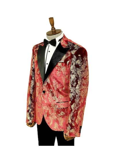 Wessi Dik Yaka Slim Fit Altın Desenli Bordo Balo Ceket - Wessi Bordo