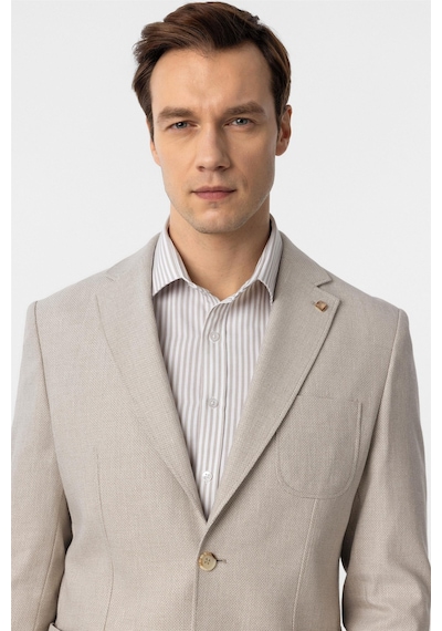 Süvari Bej Slim Fit Armürlü Mono Yaka 6 Drop Ceket