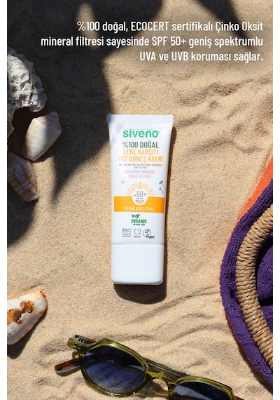 Siveno %100 Doğal Yüz Güneş Kremi Leke Karşıtı Aydınlatıcı Çinko Mineral Filtre UVA UVB SPF 50+ 30 ML