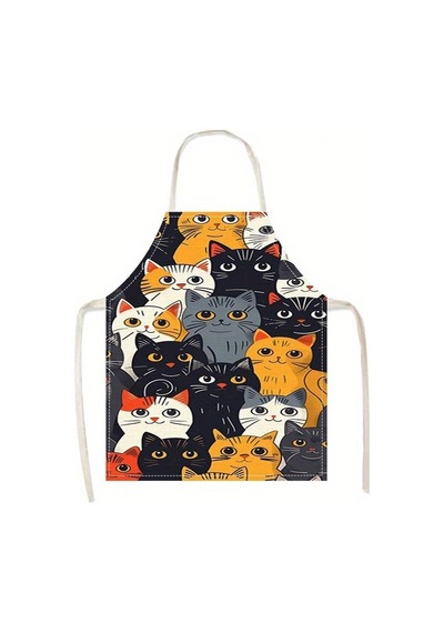 Valkyrie Kedi Desenli Mutfak Önlüğü Cepli Ayarlanabilir Askılı Unisex Mutfak Pişirme Servis Temizlik Önlüğü Siyah