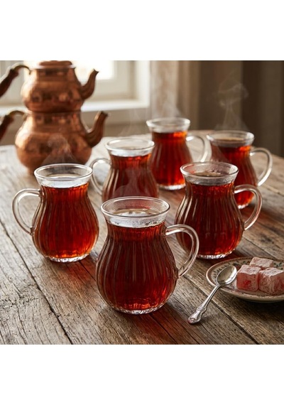6'li Kulplu Borosilikat Fitil Desenli Cam Çay Bardağı Seti - Şeffaf Ve Isıya Dayanıklı Şık Çay Takımı 180ml Çok Renkli