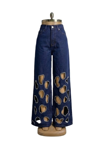 Orvelia Kristal Çerçeveli Pencere Detaylı Geniş Paça Denim Pantolon Eclipse Lacivert