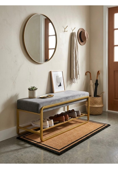 Line Modern Bench Puf Gold Metal 120 Cm - Antre, Giriş Holü, Ofis İçin Şık Dekoratif Bench Gri