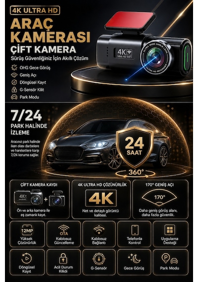 4k Ultra Hd Araç Kamerası Çift Lens Ön Arka Wi-fi Gps Park Modu Gece Görüşlü G-sensörlü Araç İçi Güvenlik Kamerası