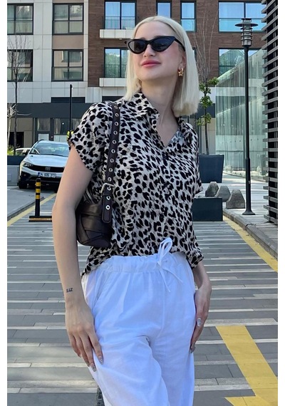 Madmext Ekru Leopar Desenli Kısa Kollu Kadın Gömlek Mg2098-ekru Ekru