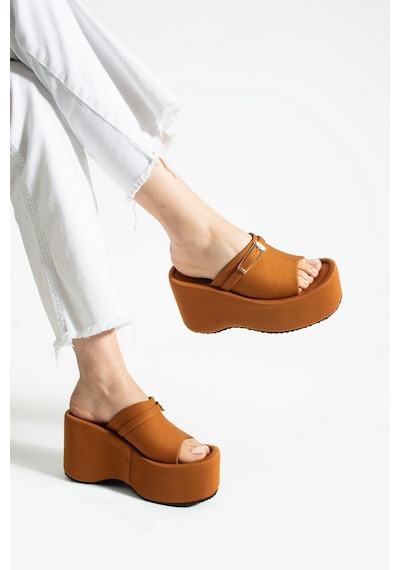 Dabab Shoes Lunara Kadın 3'lü Paket Tokalı 10 Cm Platform Topuklu Kalın Taban Terlik Sandalet Taba - Kahve - Siyah Kahverengi - Taba