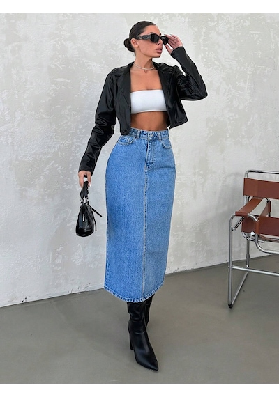 Dema Kadın Mavi Renk Yüksek Bel Pamuklu Bilek Boy Denim Etek