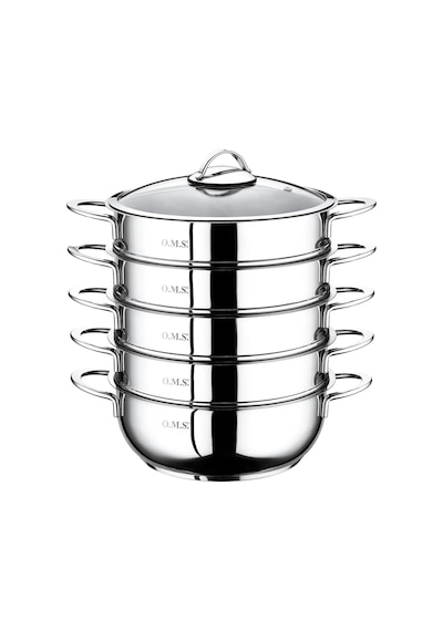 6 Parça Paslanmaz Çelik, Cam Kapaklı 32x10 Cm - 7 Litre Buharlı Pişirici, Mantı Tenceresi Gümüş