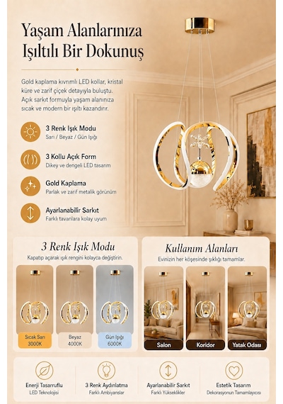 Ey-El Tasarım Modern Sarkıt Led Avize A+ Pluss Gold