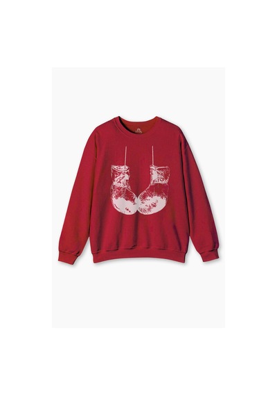 So Cool Bisiklet Yaka Sweatshirt Muhammed Ali Clay Boks Eldiveni Baskılı Sweet Erkek Kırmızı