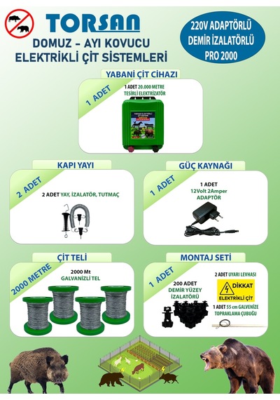 Torsan 220v Adaptörlü Pro Plus 2000 Elektrikli Çit Sistemi Domuz - Ayı Kovucu 2000mt