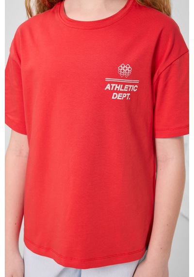 Fiesta Pamuklu O Yaka Oversize Fit Baskılı Kız Çocuk T-shirt - 75178 Kırmızı