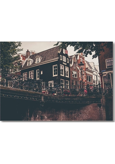 Cakasepetim Amsterdam Kanal Üzerinde Köprü Ve Bisikletler Ahşap Mdf Tablo