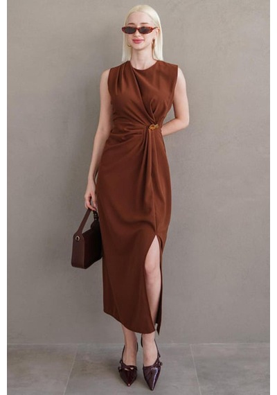 Madmext Kahverengi Bronşlu Midi Boy Kadın Elbise Mg2418 Kahverengi
