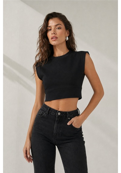 Velora Grup Kadın Crop Tişört Bisiklet Yaka Kolsuz Basic Crop Top Siyah - 912256706 Siyah