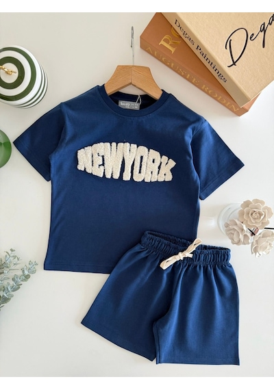 Magu Erkek Çocuk Pamuklu Mavi New York Yazı Aplikeli T-shirt Şort Takım