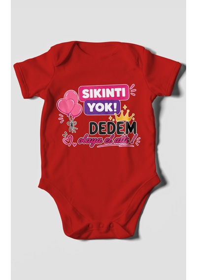 Morivokids Sıkıntı Yok Dedem Konuya El Attı Kısa Kollu Bebek Body %100 Pamuk Kırmızı