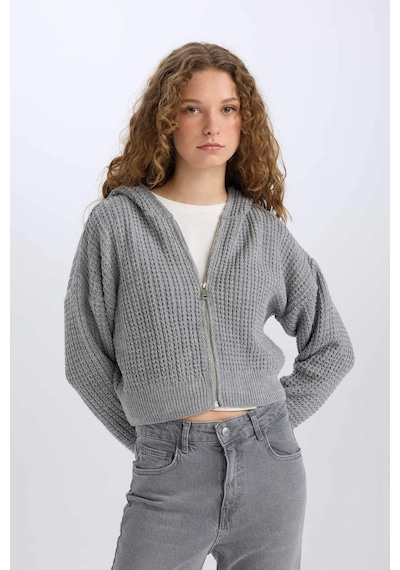 DeFacto Regular Fit Kapüşonlu Fermuarlı Triko Hırka E2269AXNSGR90 Gri