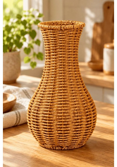Atbyhome Doğal Hasır Rattan Çiçek Vazosu 25.5 Cm - Masa Üstü Dekoratif El Örgüsü Kuru Çiçeklik Ve Saksı Kahverengi