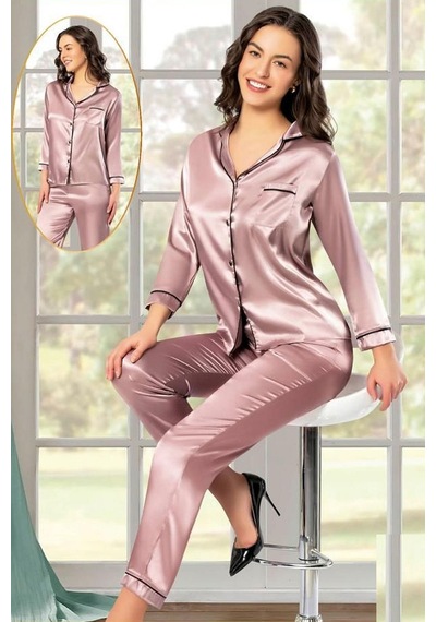 Xses 2105 Kadın Uzun Kollu Saten Pijama Takımı-vizon Vizon
