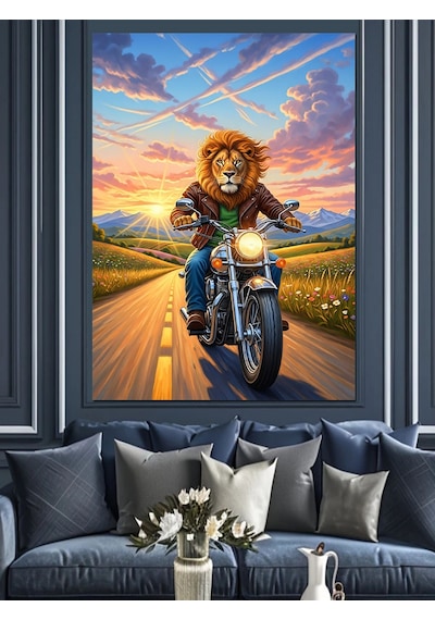 Ahşap Tablo Motosiklet Süren Aslan Sürücü