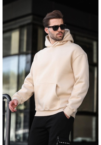 Madmext Bej Kapüşonlu Kanguru Cep Erkek Sweatshirt E7169 Bej