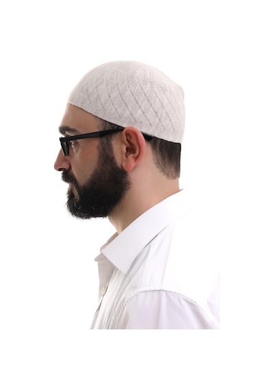 Krem Kışlık Çapraz Desenli Dokuma Takke