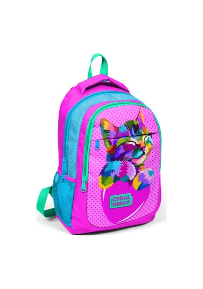 Coral High Kids Simli Kedi Desenli Üç Bölmeli USB Şarjlı Kulaklık Çıkışlı Okul Sırt Çantası 24301
