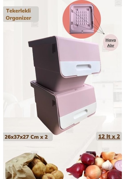 2 Li Tekerlekli Organizer Bpa Free Erzak Kutusu Sebzelik Soğanlık Oyuncaklık Pembe 24 Lt Pembe