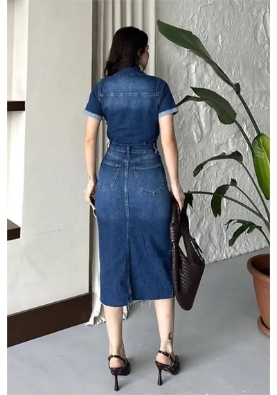 Neşeli Butik Kadın Yırtmaçlı Cep Detaylı Kot Elbise Nbnp005 Mavi
