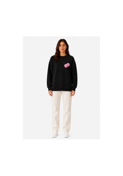 Herkesemoda Pembe Zar Baskı Detaylı Şardonlu 2 İplik Bisiklet Yaka Sweatshirt Siyah