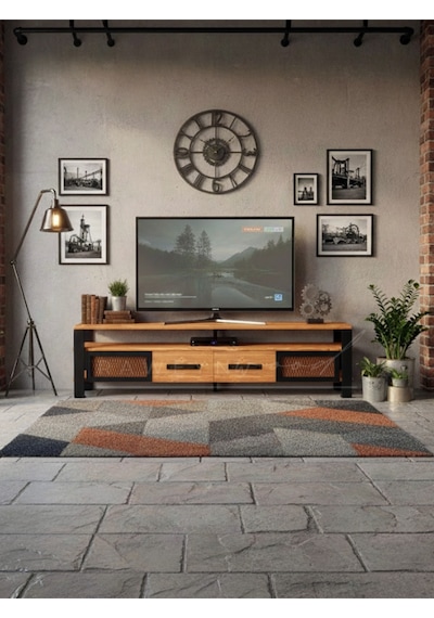 Raweyn Iron Doğal Ahşap Çekmeceli Tv Ünitesi - 210cm Açık Ceviz